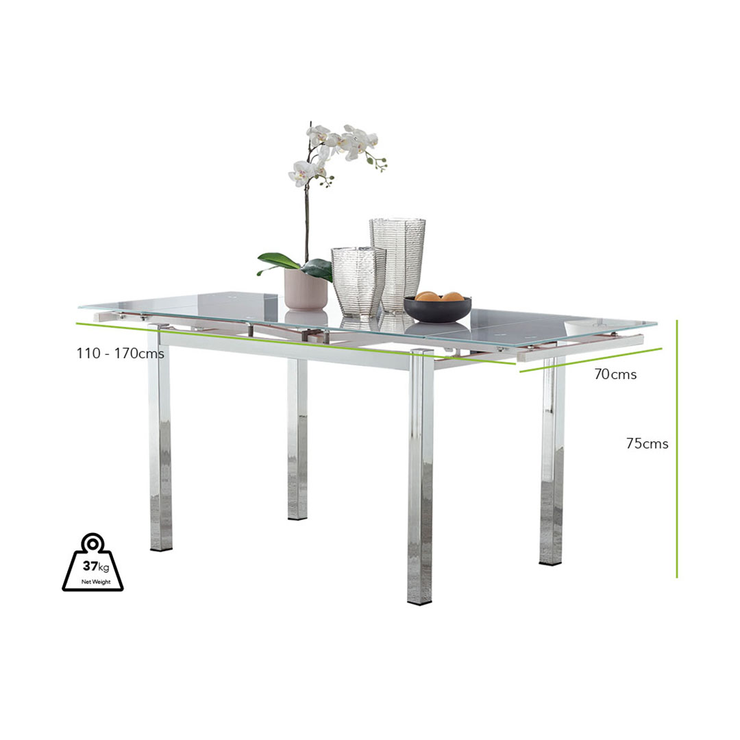 Enna White Glass Extending Dining Table with 6 Cream Fabric Lorenzo Chairs